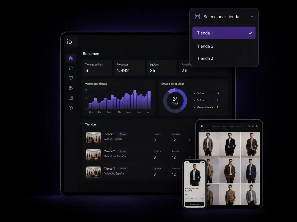 Panel multi-tienda con dashboard, tablet y móvil
