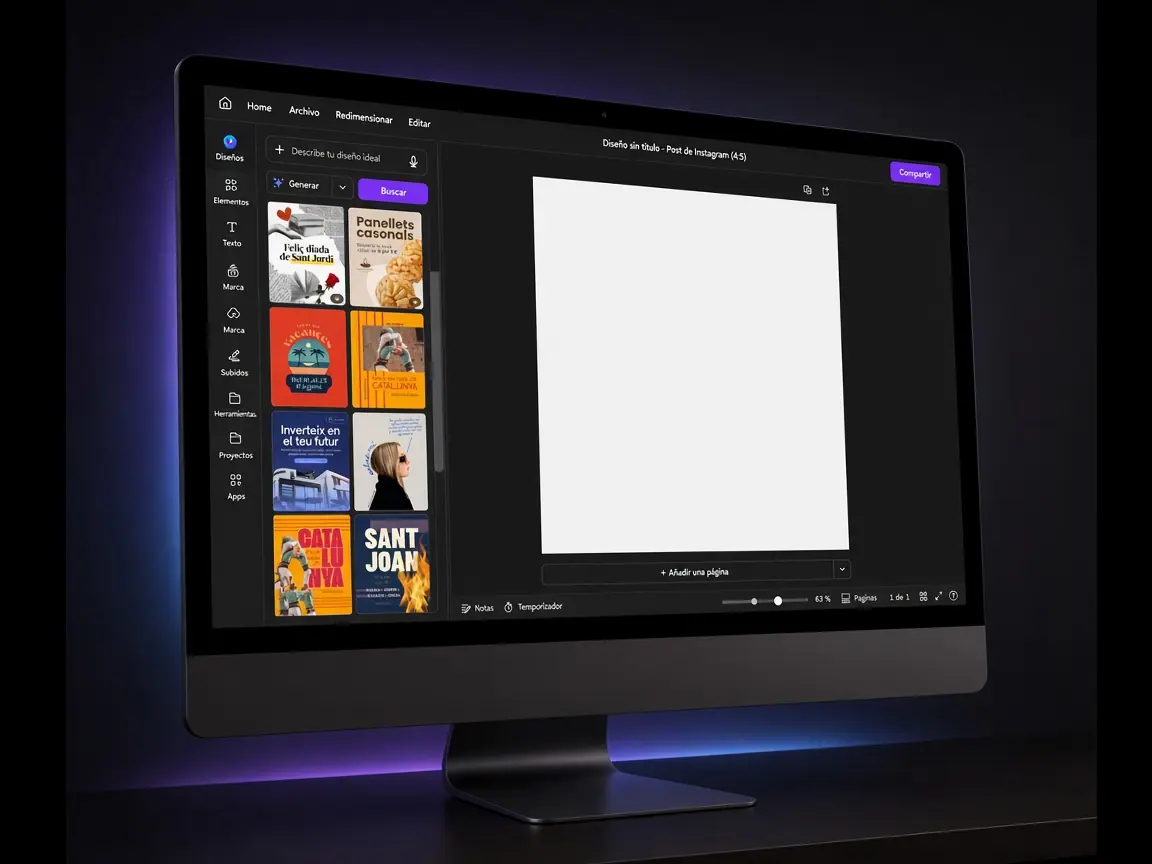 Ordenador All-in-One con canvas de diseño para publicaciones en redes sociales