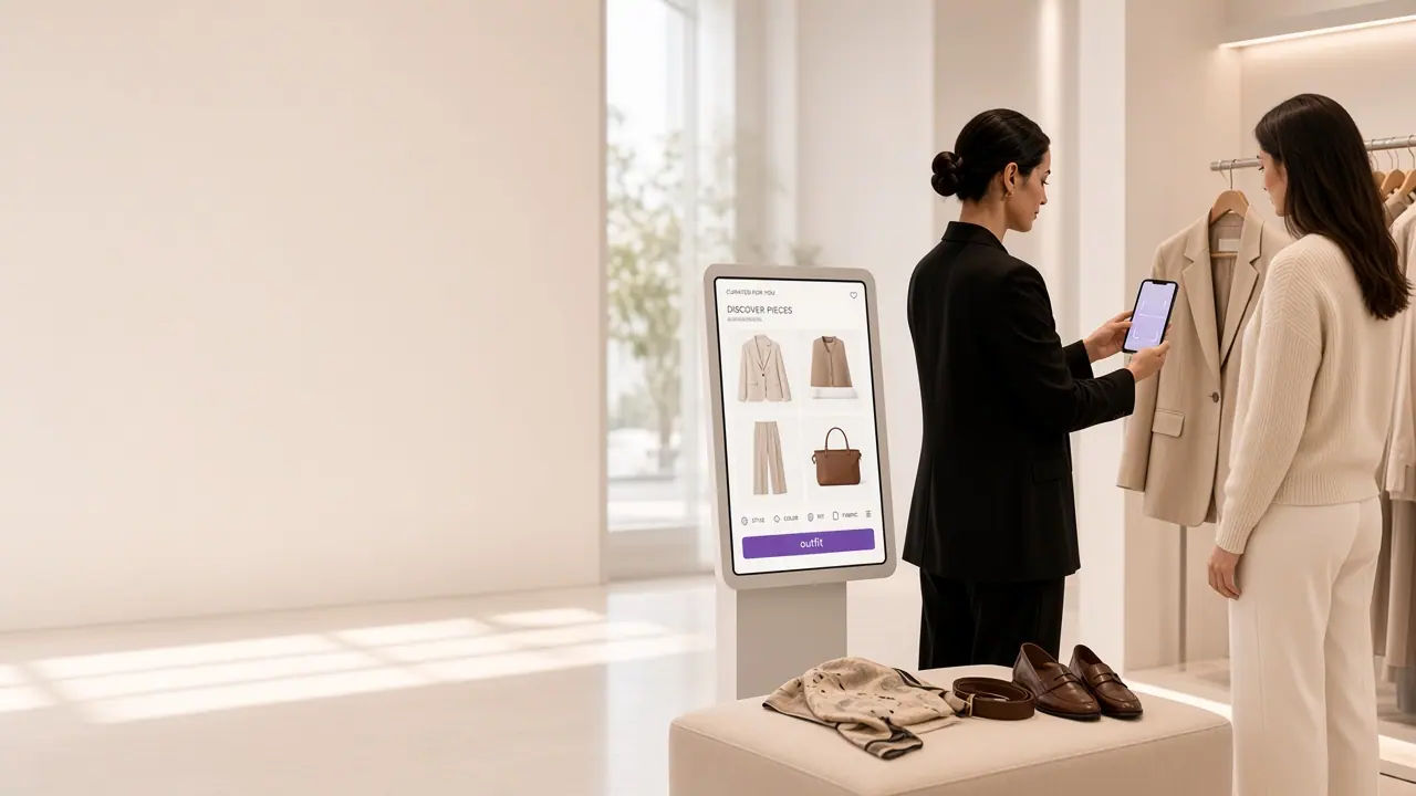Venta asistida con outfits sugeridos en móvil en el probador