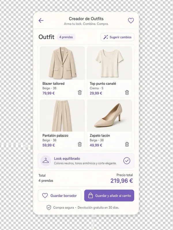 Tarjeta de outfit sugerido en la app iDressu