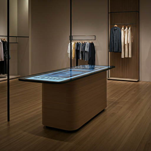 High-end fashion retail store with a sleek digital interface display